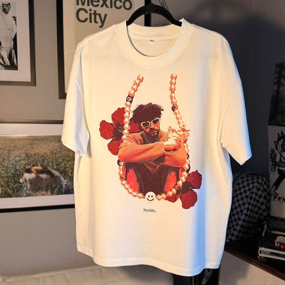Custom Made Bad Bunny XL White Crew Neck Short Sleeve Graphic Shirt